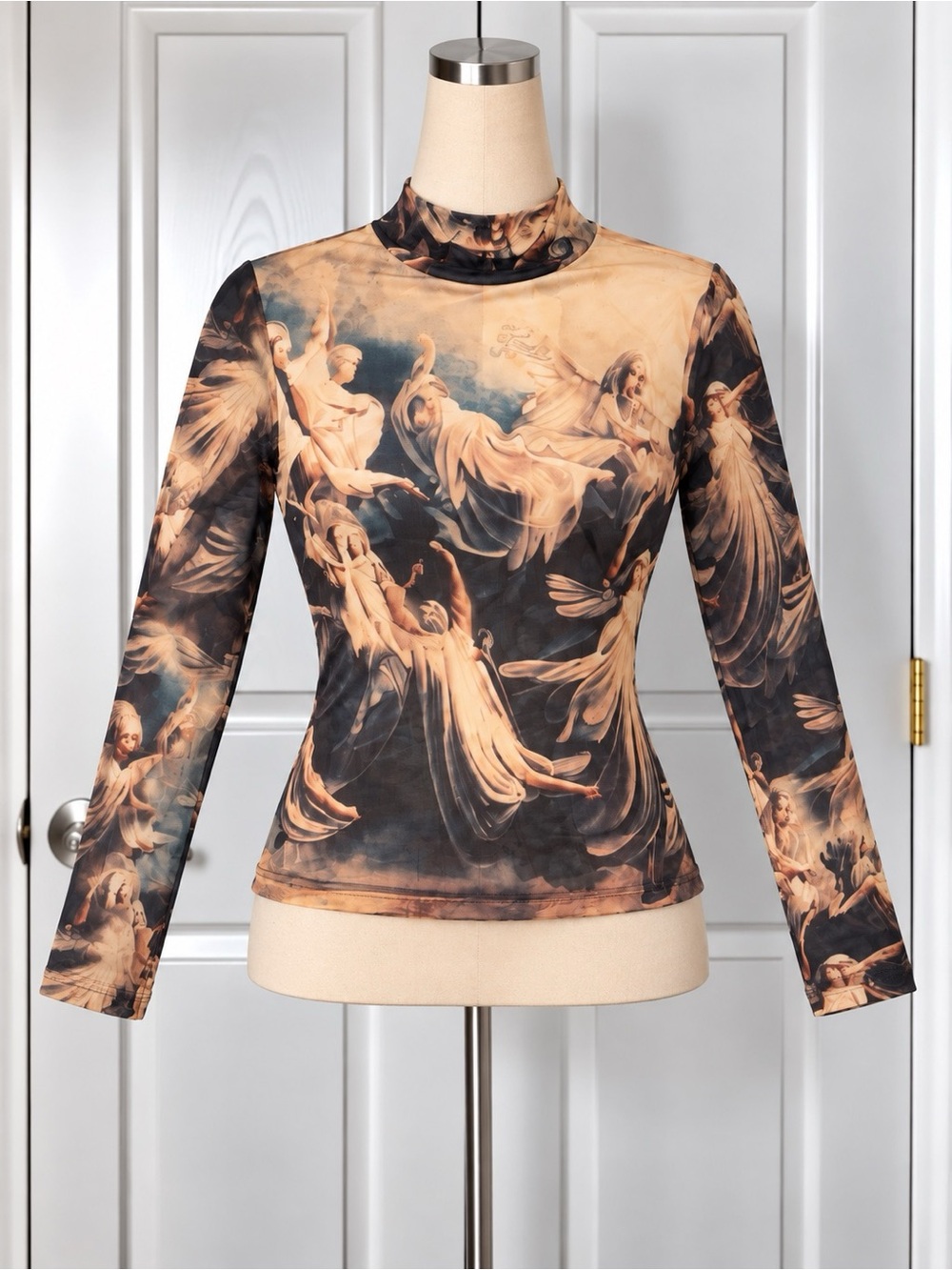 She's So Fresh Womens Mesh Mock Neck Long Sleeve Angel Graphic Print Top XL